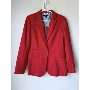 British Khaki Red Linen-Blend Blazer Coat Womens M Single Button Tailored Jacket